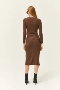 Olalook Women's Brown V-Neck Zippered Thick Ribbed Midi Dress - Image 2