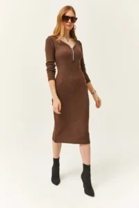 Olalook Women's Brown V-Neck Zippered Thick Ribbed Midi Dress - Image 3
