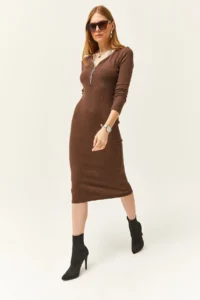 Olalook Women's Brown V-Neck Zippered Thick Ribbed Midi Dress - Image 5