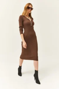 Olalook Women's Brown V-Neck Zippered Thick Ribbed Midi Dress - Image 6