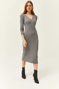 Olalook Women's Smoked V-Neck Zippered Thick Ribbed Midi Dress