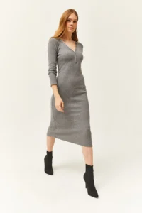 Olalook Women's Smoked V-Neck Zippered Thick Ribbed Midi Dress - Image 2