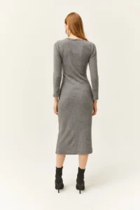 Olalook Women's Smoked V-Neck Zippered Thick Ribbed Midi Dress - Image 4