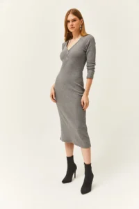 Olalook Women's Smoked V-Neck Zippered Thick Ribbed Midi Dress - Image 5
