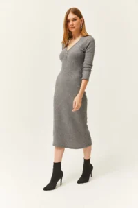 Olalook Women's Smoked V-Neck Zippered Thick Ribbed Midi Dress - Image 6