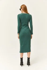 Olalook Women's Green V-Neck Zippered Thick Ribbed Midi Dress - Image 4
