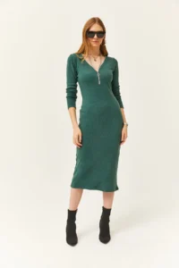 Olalook Women's Green V-Neck Zippered Thick Ribbed Midi Dress - Image 5