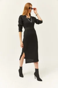 Olalook Women's Black V-Case Side Slit Thick Corduroy Dress - Image 3
