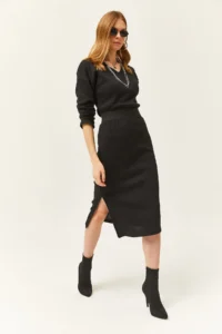 Olalook Women's Black V-Case Side Slit Thick Corduroy Dress - Image 6