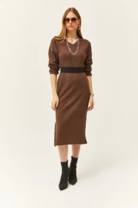 Olalook Women's Brown V-Case Side Slit Thick Corduroy Dress - Image 2