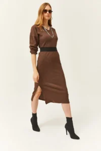 Olalook Women's Brown V-Case Side Slit Thick Corduroy Dress - Image 3