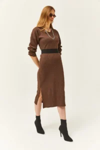 Olalook Women's Brown V-Case Side Slit Thick Corduroy Dress - Image 4