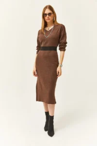 Olalook Women's Brown V-Case Side Slit Thick Corduroy Dress - Image 5