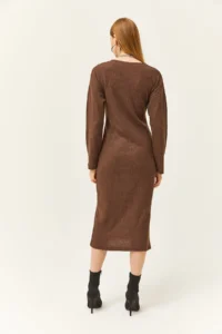 Olalook Women's Brown V-Case Side Slit Thick Corduroy Dress - Image 6