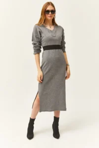 Olalook Women's Smoked V-Case Side Slit Thick Corduroy Dress