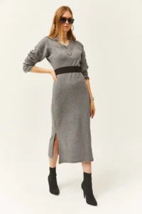 Olalook Women's Smoked V-Case Side Slit Thick Corduroy Dress - Image 2