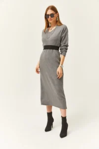 Olalook Women's Smoked V-Case Side Slit Thick Corduroy Dress - Image 4