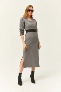 Olalook Women's Smoked V-Case Side Slit Thick Corduroy Dress - Image 5