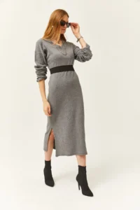 Olalook Women's Smoked V-Case Side Slit Thick Corduroy Dress - Image 6