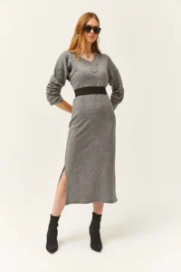 Olalook Women's Smoked V-Case Side Slit Thick Corduroy Dress - Image 7