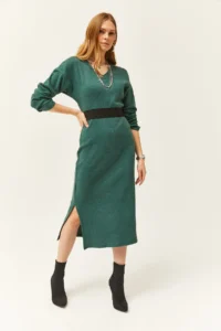 Olalook Women's Green V-Case Side Slit Thick Corduroy Dress - Image 3