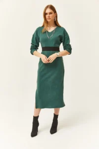 Olalook Women's Green V-Case Side Slit Thick Corduroy Dress - Image 4