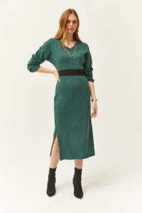 Olalook Women's Green V-Case Side Slit Thick Corduroy Dress - Image 6