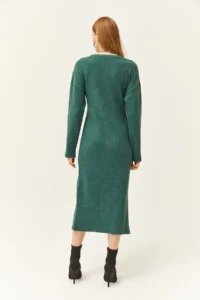 Olalook Women's Green V-Case Side Slit Thick Corduroy Dress - Image 8