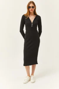 Olalook Women's Black Zippered Hooded Thick Ribbed Midi Dress
