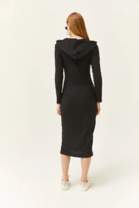 Olalook Women's Black Zippered Hooded Thick Ribbed Midi Dress - Image 3