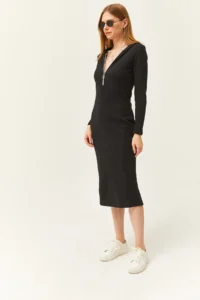 Olalook Women's Black Zippered Hooded Thick Ribbed Midi Dress - Image 4