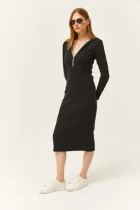 Olalook Women's Black Zippered Hooded Thick Ribbed Midi Dress - Image 5
