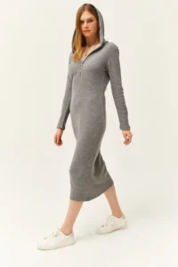 Olalook Women's Smoked Zippered Hooded Thick Ribbed Midi Dress