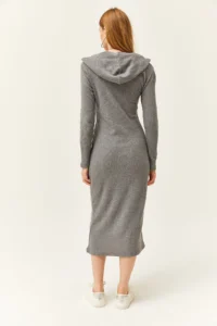 Olalook Women's Smoked Zippered Hooded Thick Ribbed Midi Dress - Image 2