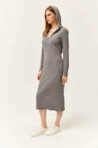 Olalook Women's Smoked Zippered Hooded Thick Ribbed Midi Dress - Image 3