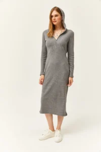 Olalook Women's Smoked Zippered Hooded Thick Ribbed Midi Dress - Image 4