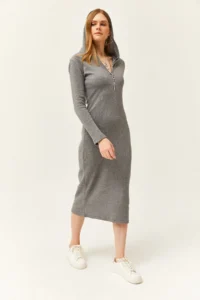 Olalook Women's Smoked Zippered Hooded Thick Ribbed Midi Dress - Image 5