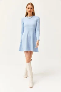 Olalook Women's Baby Blue Crew Neck Skirt Flared Corduroy Dress - Image 2