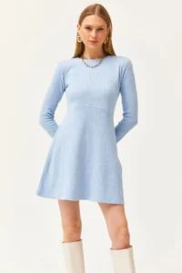 Olalook Women's Baby Blue Crew Neck Skirt Flared Corduroy Dress - Image 3