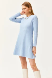 Olalook Women's Baby Blue Crew Neck Skirt Flared Corduroy Dress - Image 4