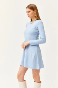 Olalook Women's Baby Blue Crew Neck Skirt Flared Corduroy Dress - Image 5