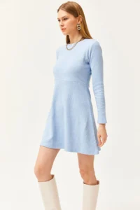 Olalook Women's Baby Blue Crew Neck Skirt Flared Corduroy Dress - Image 6