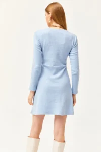 Olalook Women's Baby Blue Crew Neck Skirt Flared Corduroy Dress - Image 7