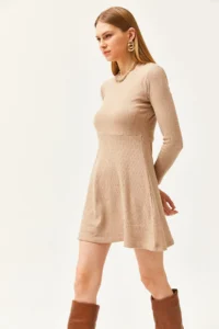 Olalook Women's Camel Crew Neck Skirt Flared Corduroy Dress - Image 2