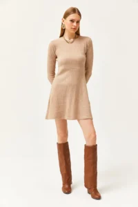 Olalook Women's Camel Crew Neck Skirt Flared Corduroy Dress - Image 3