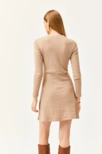 Olalook Women's Camel Crew Neck Skirt Flared Corduroy Dress - Image 4