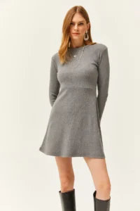 Olalook Women's Smoked Crew Neck Skirt Flared Corduroy Dress - Image 5