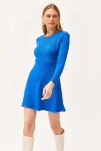 Olalook Women's Saks Blue Crew Neck Skirt Flared Corduroy Dress - Image 2