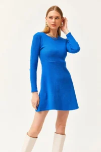Olalook Women's Saks Blue Crew Neck Skirt Flared Corduroy Dress - Image 3