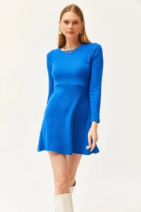 Olalook Women's Saks Blue Crew Neck Skirt Flared Corduroy Dress - Image 4